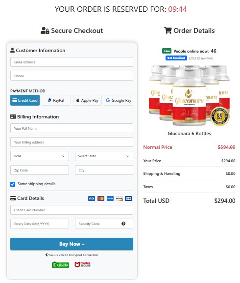 Gluconara Secure Checkout Page